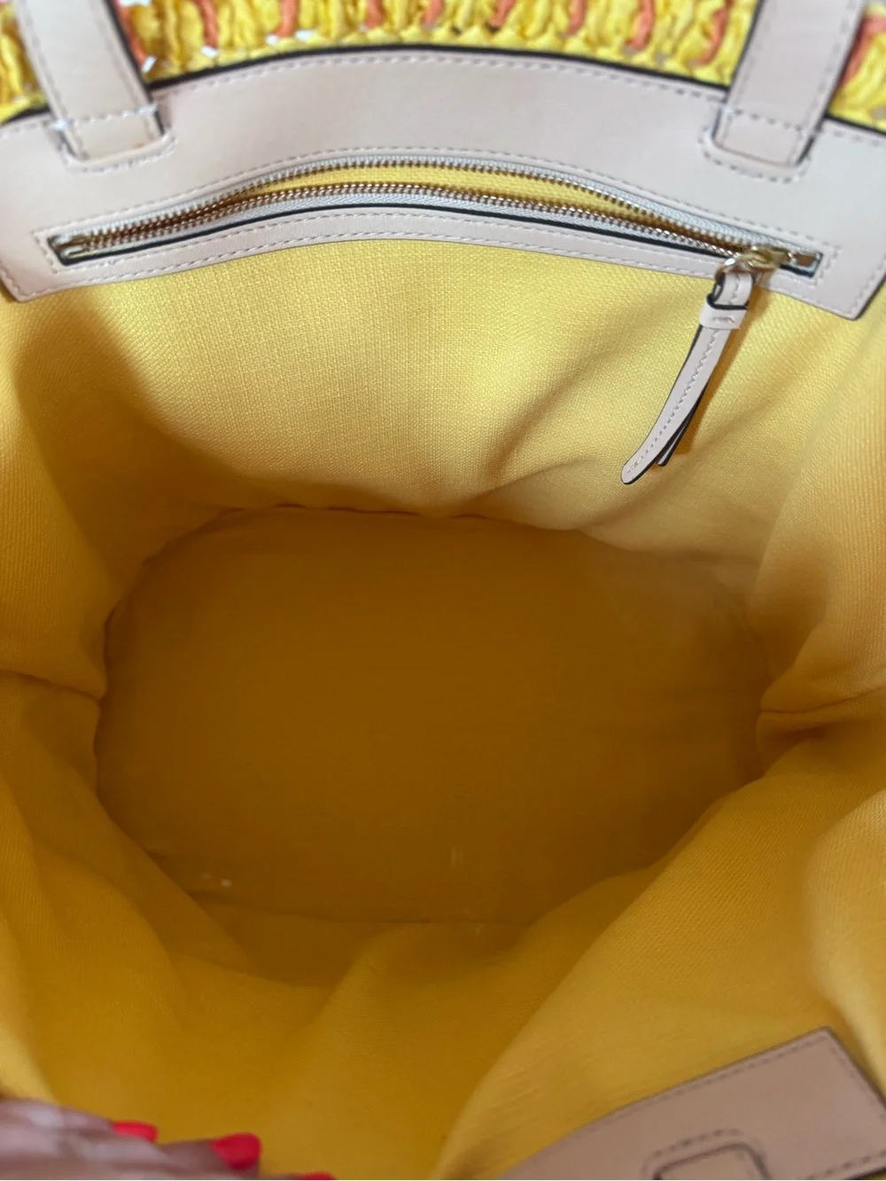 Tory Burch Yellow and Pink Straw Tote with Tassel Charm
